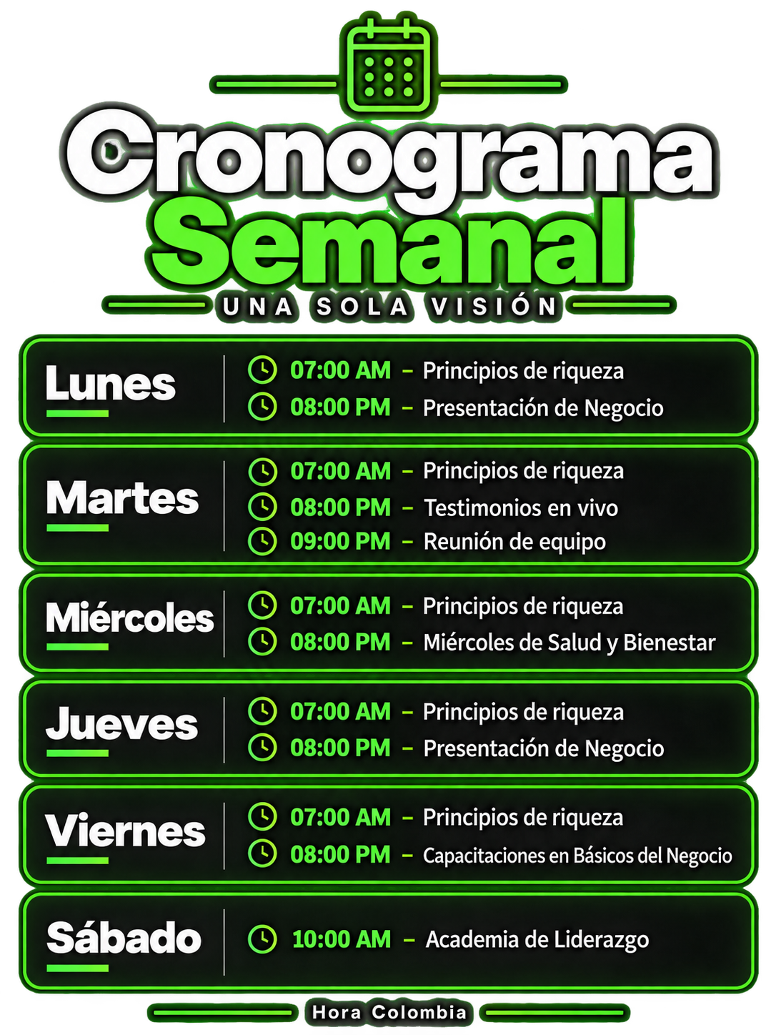 Cronograma semanal de reuniones oficiales de Una Sola Visión - hora Colombia